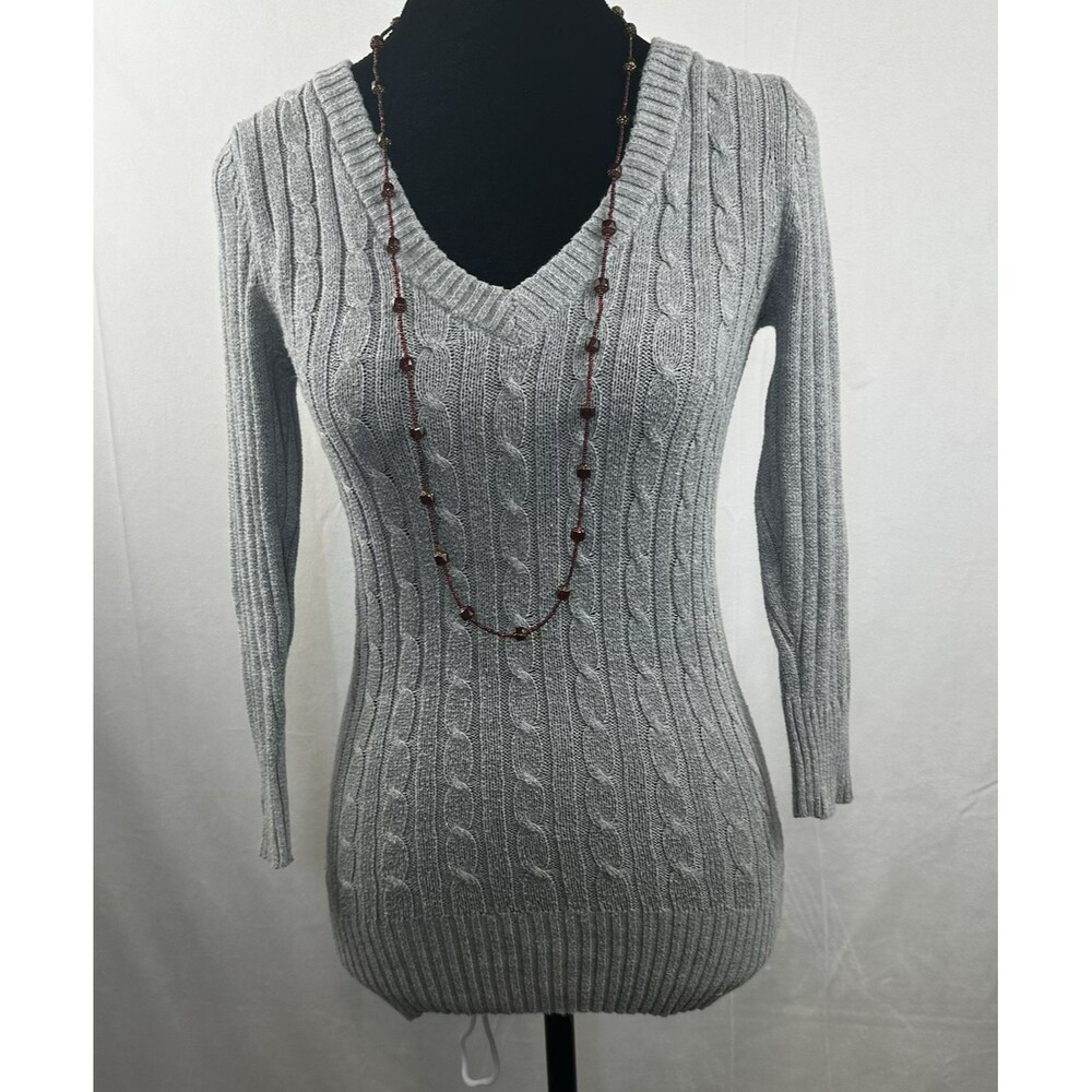Arizona Jean co. Gray Cable Knit V Neck Pullover Sweater Women's Size Medium